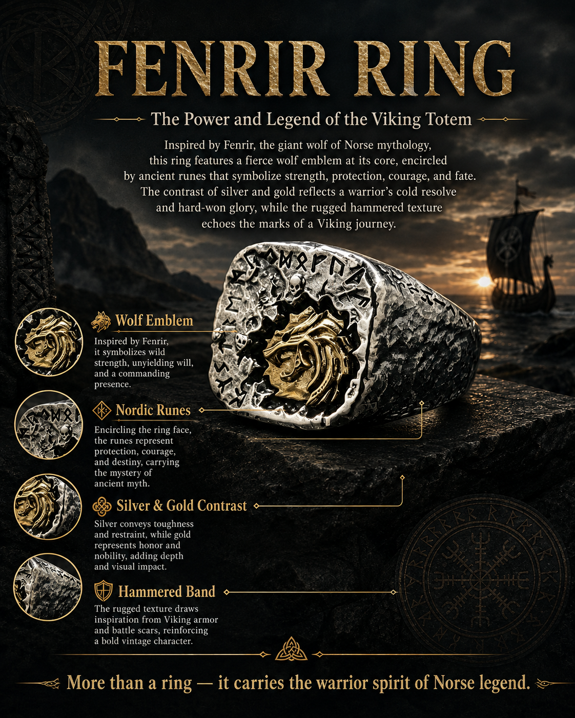 925 Sterling Silver Viking Wolf Fenrir Rune Ring – Norse Mythology Gothic Punk Adjustable Men's Jewelry