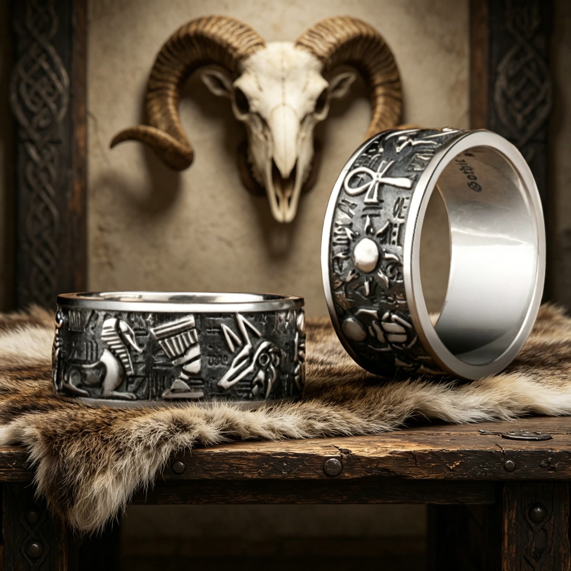 925 sterling silver Horus and Anubis Egyptian gods ring