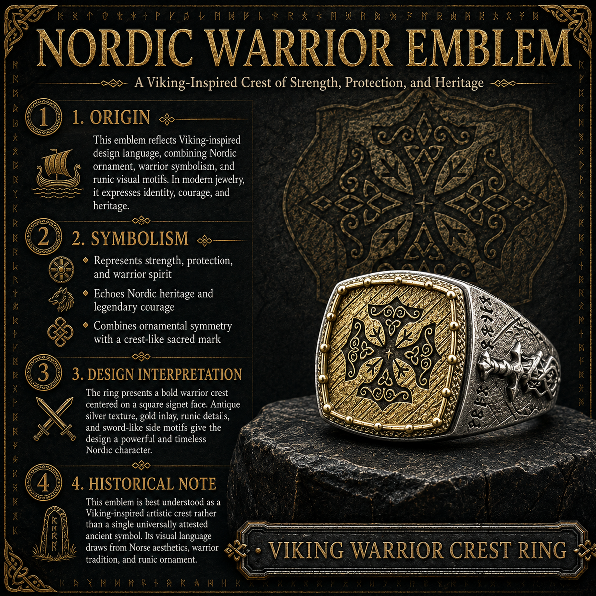 925 Sterling Silver and Copper Nordic Knotwork Signet Ring, Vintage Two-Tone Square Statement Ring for Men